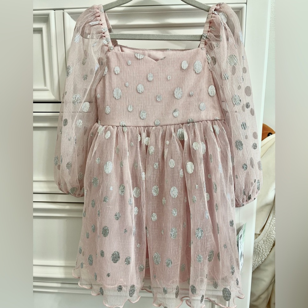 Bonnie Baby Pink & Silver Dress 3T. sheer sleeves & sweetheart neckline